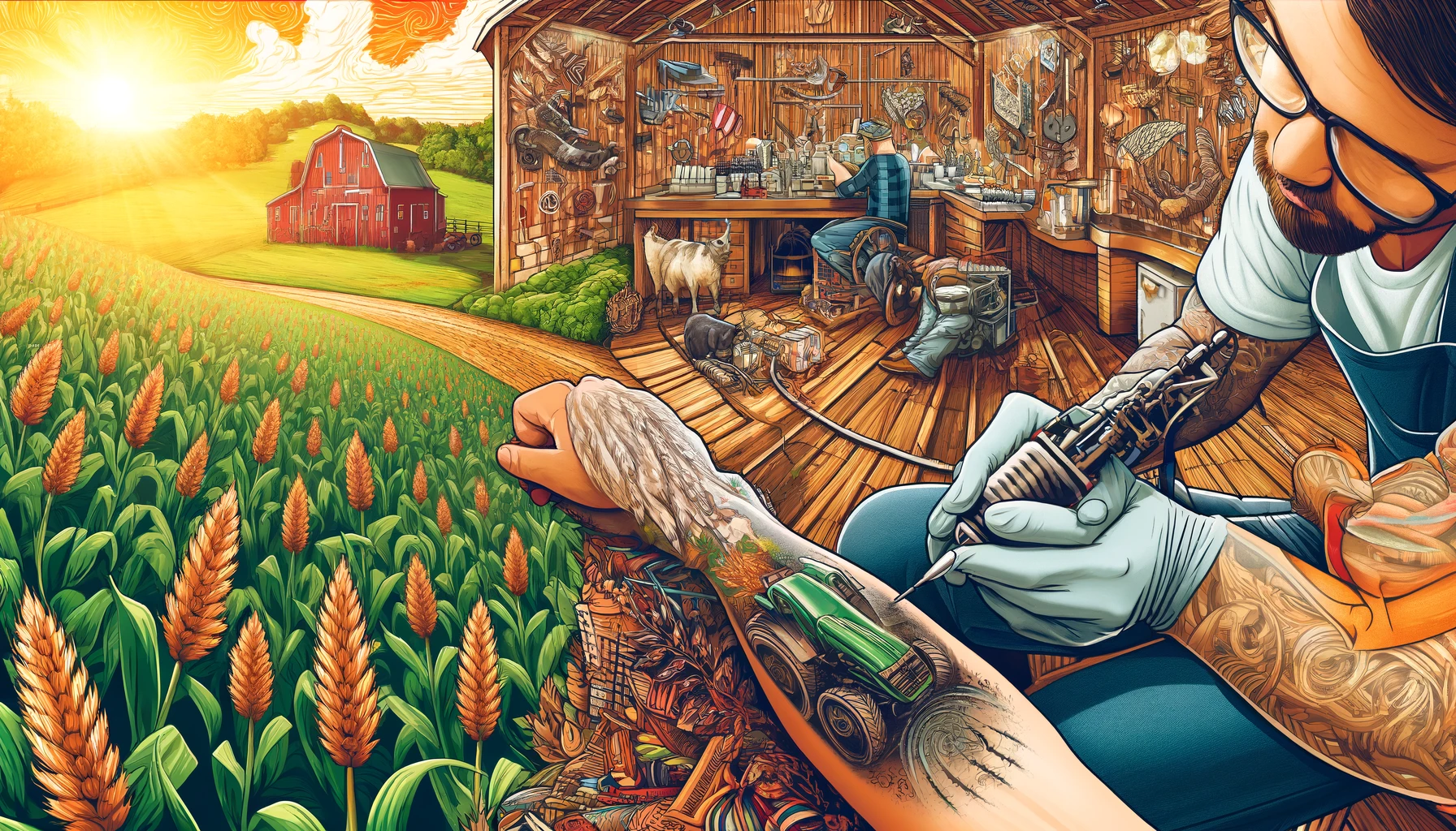 Farm and Ranch Tattoos -- A vivid and detailed closeup illustration of a farm-themed tattoo being applied on a client's arm in a rustic agricultural setting. The tatt4