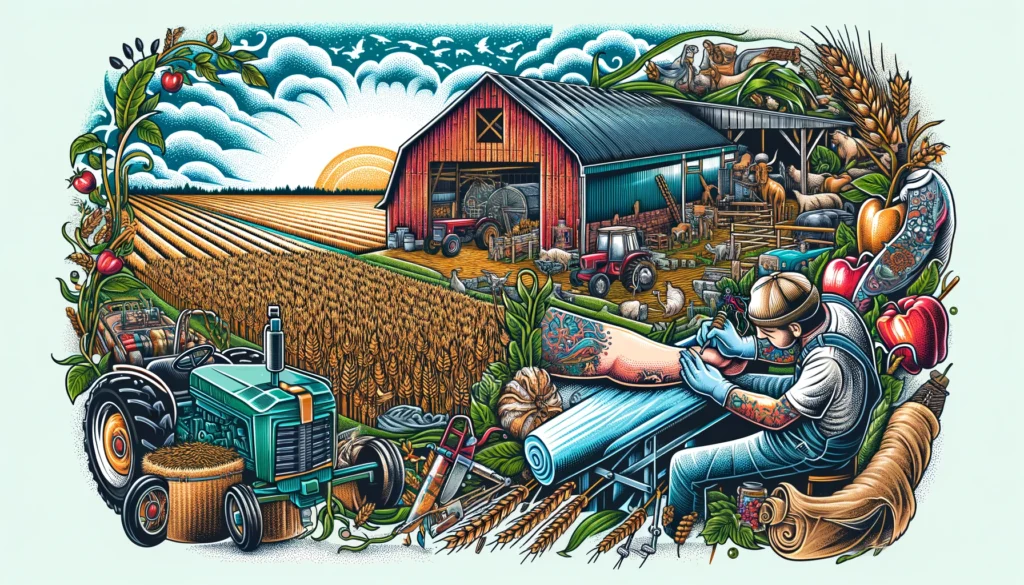 Farm and Ranch Tattoos -- A vivid and detailed closeup illustration of a farm-themed tattoo being applied on a client's arm in a rustic agricultural setting. The tatt4